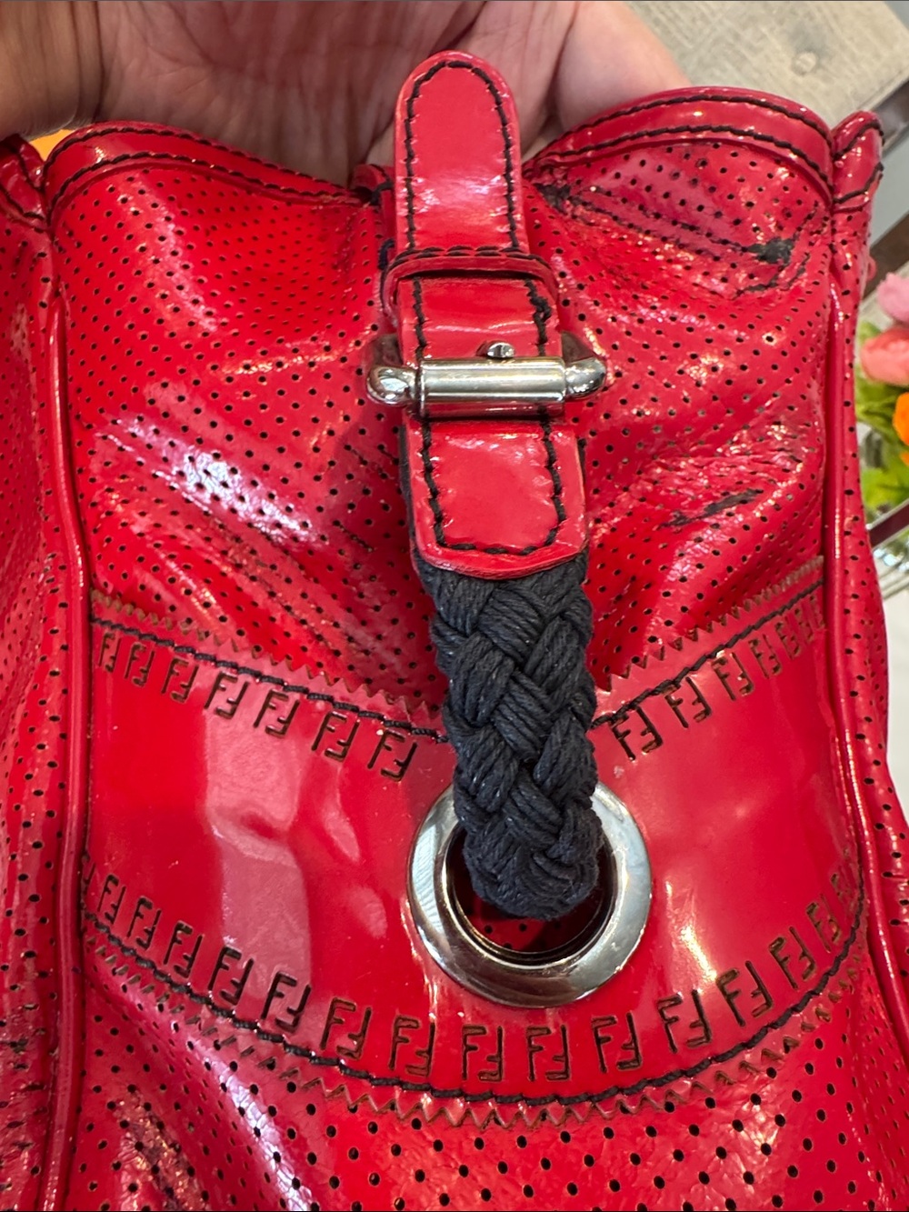 Authentic Fendi Red Patent Satchel with Black Braided Handles - Picture 7 of 17